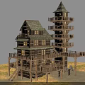 Multi Story Wooden Building With Tower Balconies And Gabled Roof On Grassland