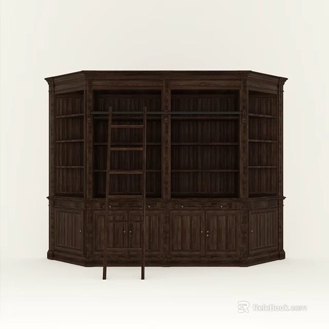 Classic Dark Wooden Bookshelf With Multiple Compartments Cabinet Doors And Ladder 3d model 