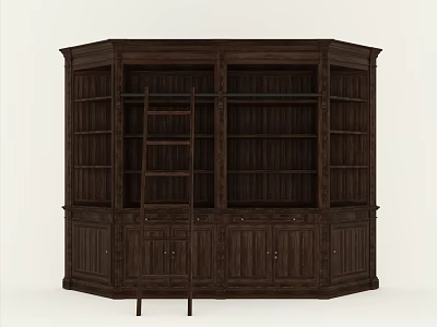 Classic Dark Wooden Bookshelf With Multiple Compartments Cabinet Doors And Ladder 3d model
