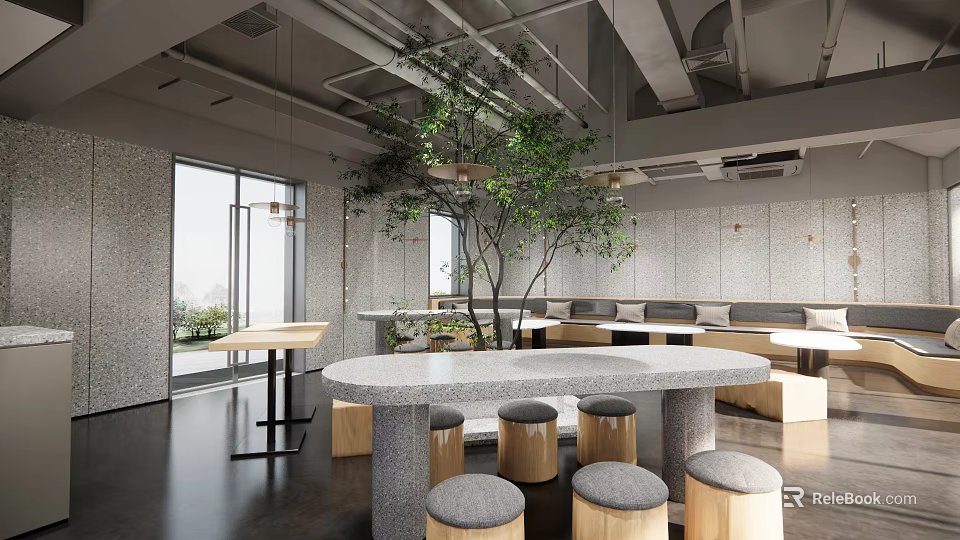 Modern Lounge Area Interior Design With Long Table Round Stools Green Plant And Large Windows 3d model 