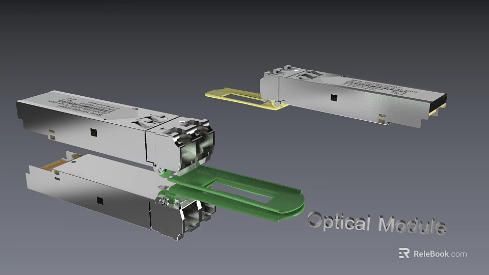 High Quality Hardware Tools Optical Module With Silver Casing And Green Connector 3d model 