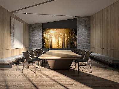 Modern Conference Room With Wooden Walls Large Window Forest View Sunlight Long Table And Chairs 3d model