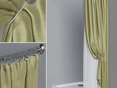 Green Shower Curtain With Tied Design And Metal Curtain Rod In Bathroom 3d model