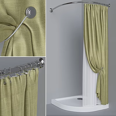 Green Shower Curtain With Tied Design And Metal Curtain Rod In Bathroom 3d model