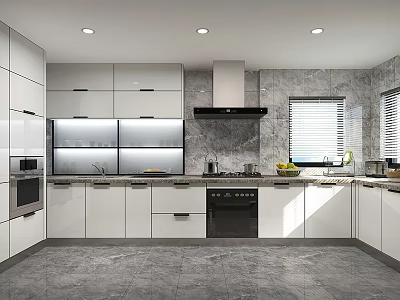 Modern Kitchen Interior With White Cabinets Marble Wall Black Range Hood And Gray Floor 3d model