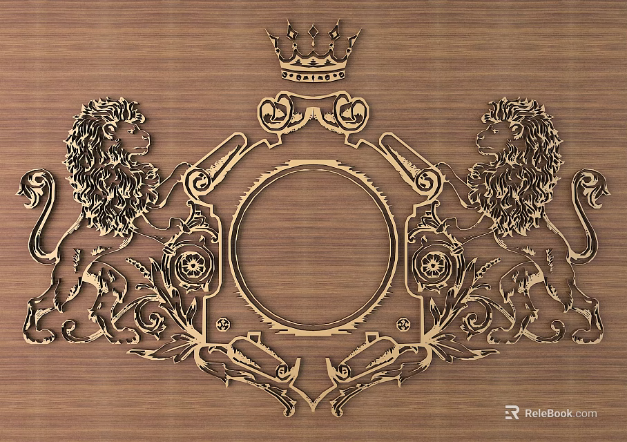 Ornate Golden Carved Artwork With Lion Statues Crown And Circular Frame On Wooden Background 3d model 
