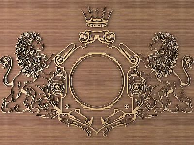 Ornate Golden Carved Artwork With Lion Statues Crown And Circular Frame On Wooden Background 3d model