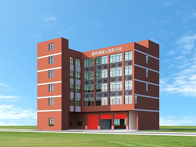 Aerial Planning for Fire Brigade Training Center Red Brick Multi Story Building with Green Lawn 3d model