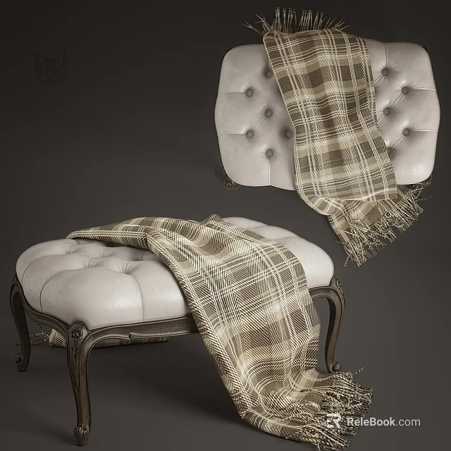 Luxurious White Leather Sofa Stool With Plaid Blanket And Carved Wooden Legs 3d model 