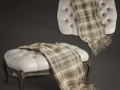 Luxurious White Leather Sofa Stool With Plaid Blanket And Carved Wooden Legs 3d model
