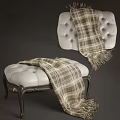 Luxurious White Leather Sofa Stool With Plaid Blanket And Carved Wooden Legs