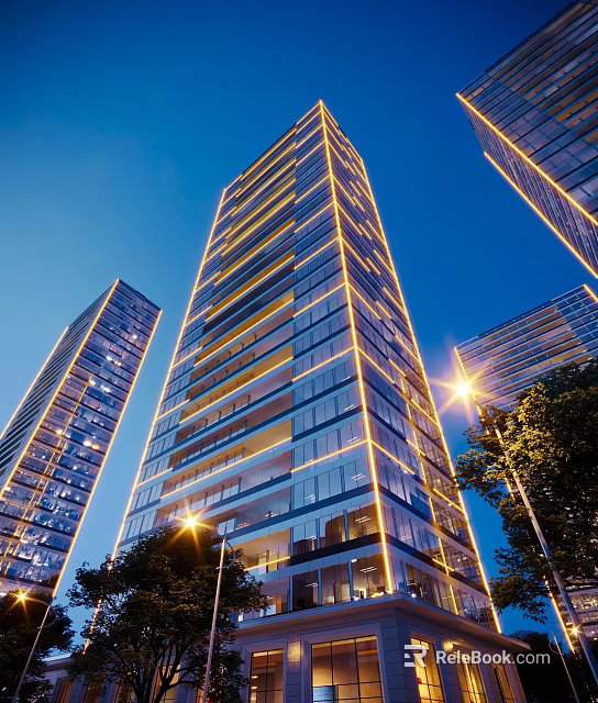 Modern High Rise Residential Building With Glass Curtain Wall And Night Lighting 3d model 