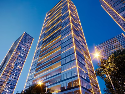 Modern High Rise Residential Building With Glass Curtain Wall And Night Lighting 3d model
