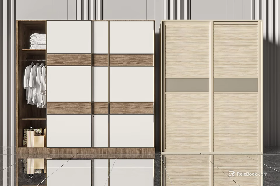 Modern Wardrobe With White Wooden Panels Sliding Doors Open Shelves And Storage Space 3d model 