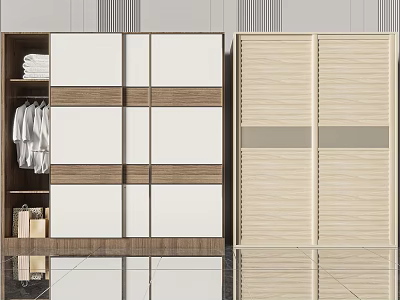 Modern Wardrobe With White Wooden Panels Sliding Doors Open Shelves And Storage Space 3d model
