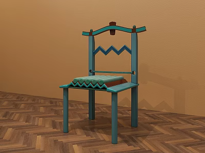 Turquoise Dining Chair With Geometric Backrest And Striped Seat On Wooden Herringbone Floor 3d model