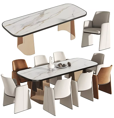 Modern Dining Table Set With Marble Tabletop Metal Legs And Multicolor Chairs 3d model