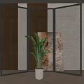 Modern Three Panel Room Divider With Black Metal Frame Grid Design And Indoor Green Plant