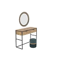 Modern Wooden Dressing Table with Black Metal Frame Round Mirror and Blue Velvet Stool