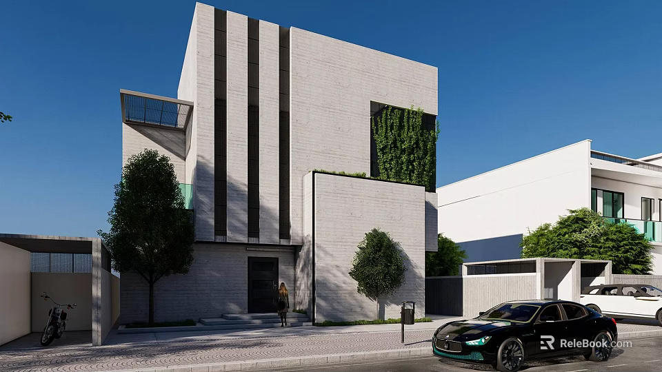 Modern Detached Villa Exterior With White Facade Vertical Lines And Green Living Wall 3d model 