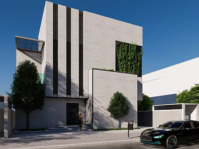 Modern Detached Villa Exterior With White Facade Vertical Lines And Green Living Wall 3d model