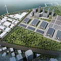 Aerial View Planning of Sustainable Industrial Park With Green Spaces Solar Panels and Wind Turbines