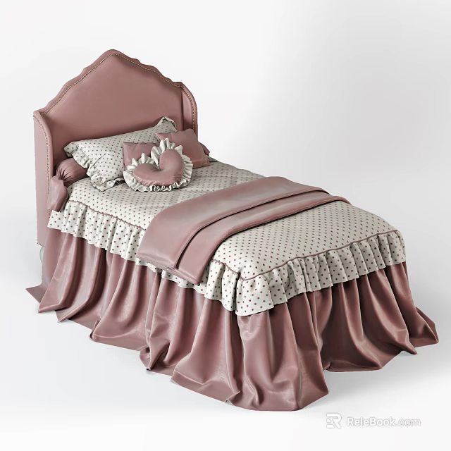Cozy Single Bed With Pink Headboard Polka Dot Bedspread And Ruffled Trim 3d model 