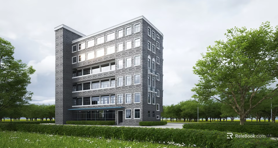 Modern Multi Storey Office Building With Gray Brick Exterior And Green Surroundings 3d model 