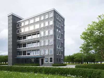 Modern Multi Storey Office Building With Gray Brick Exterior And Green Surroundings 3d model