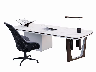 Modern Office Desk with White Top Black Chair Laptop Desk Lamp and Magazine 3d model