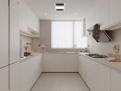Modern White Kitchen Interior With White Cabinets Countertop Range Hood And Window 3d model
