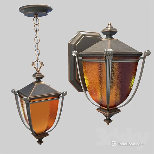 Vintage Decorative Lighting Fixture Combinations With Bronze Finish Pendant Lamp And Amber Glass Wall Sconce 3d model 