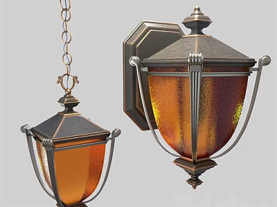 Vintage Decorative Lighting Fixture Combinations With Bronze Finish Pendant Lamp And Amber Glass Wall Sconce 3d model