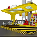 Yellow Coffee Kiosk with Motorcycle Display and Menu Board Cups and Red Signage