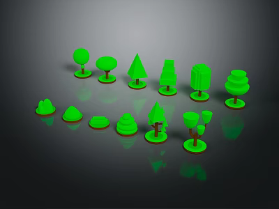 Green Plant Models With Various Shapes And Brown Bases And Reflections On Black Background 3d model