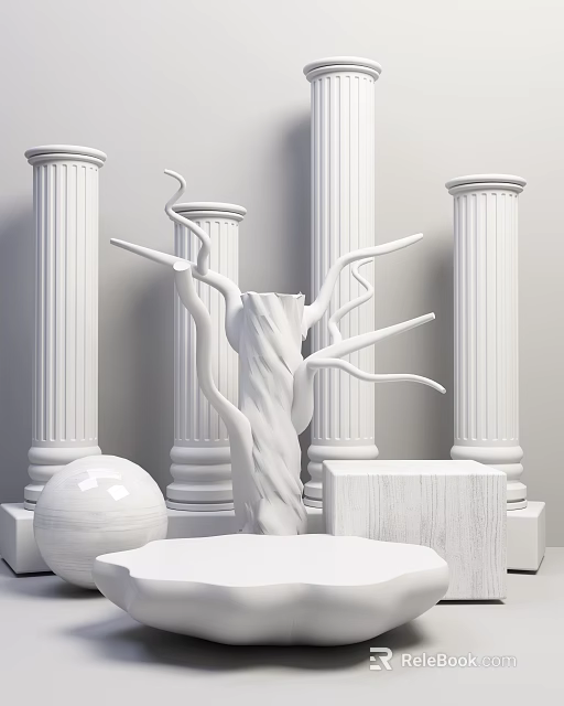 White Twisted Tree Branch Sculpture Displayed with Classical Columns and Geometric Shapes 3d model 