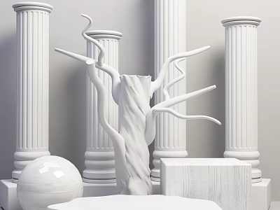 White Twisted Tree Branch Sculpture Displayed with Classical Columns and Geometric Shapes 3d model