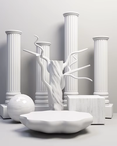 White Twisted Tree Branch Sculpture Displayed with Classical Columns and Geometric Shapes 3d model