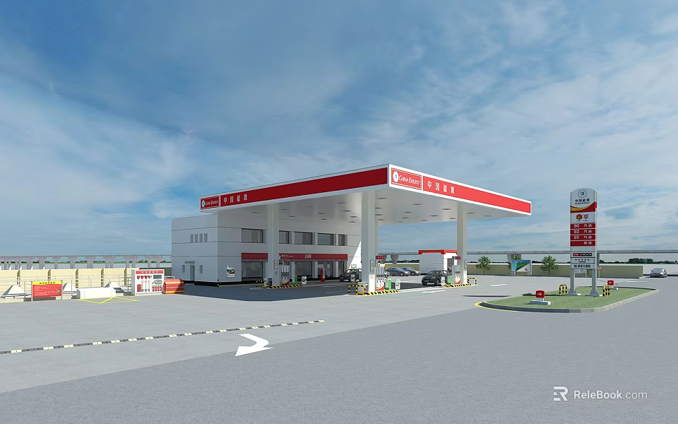 Modern Gas Station Featuring Red Canopy And White Building Structure 3d model 