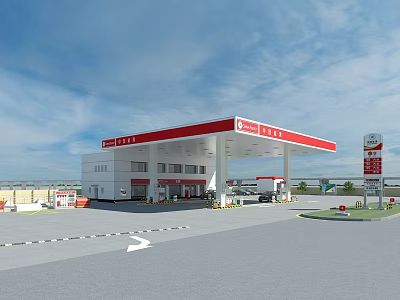 Modern Gas Station Featuring Red Canopy And White Building Structure 3d model