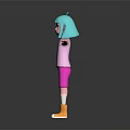 Playful 3D Character with Blue Green Hair Pink Vest Rabbit Design Arms Outstretched Pink Shorts