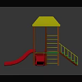Colorful Playground Equipment with Yellow Roof Red Slide Green Stairs Orange Frame and Climbing Net