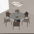 Stylish Modern Dining Table Set with Round Marble Top and Five Chairs Under Ceiling Light 3d model