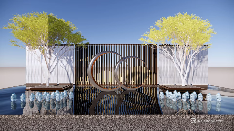Modern Feature Wall Design With Circular Metal Elements Water Feature Yellow Trees And Blue Accents 3d model 