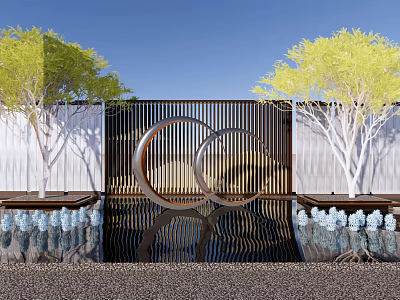 Modern Feature Wall Design With Circular Metal Elements Water Feature Yellow Trees And Blue Accents 3d model