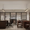 Modern Office Interior With Wooden Wall Panel Large Conference Table And Green Plants Hanging Lights