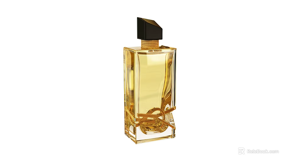Luxury Transparent Square Perfume Bottle With Golden Liquid Twisted Design And Black Cap 3d model 