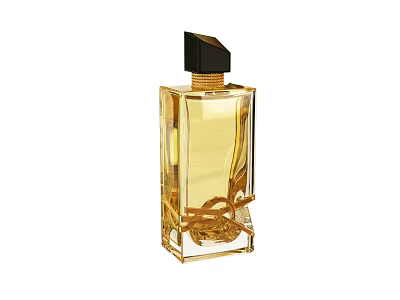 Luxury Transparent Square Perfume Bottle With Golden Liquid Twisted Design And Black Cap 3d model