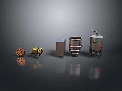 Various Metal Industrial Equipment With Wheeled Cart Square Box Cylindrical Barrel And Stand Mounted Vessel 3d model