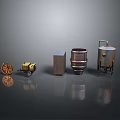 Various Metal Industrial Equipment With Wheeled Cart Square Box Cylindrical Barrel And Stand Mounted Vessel